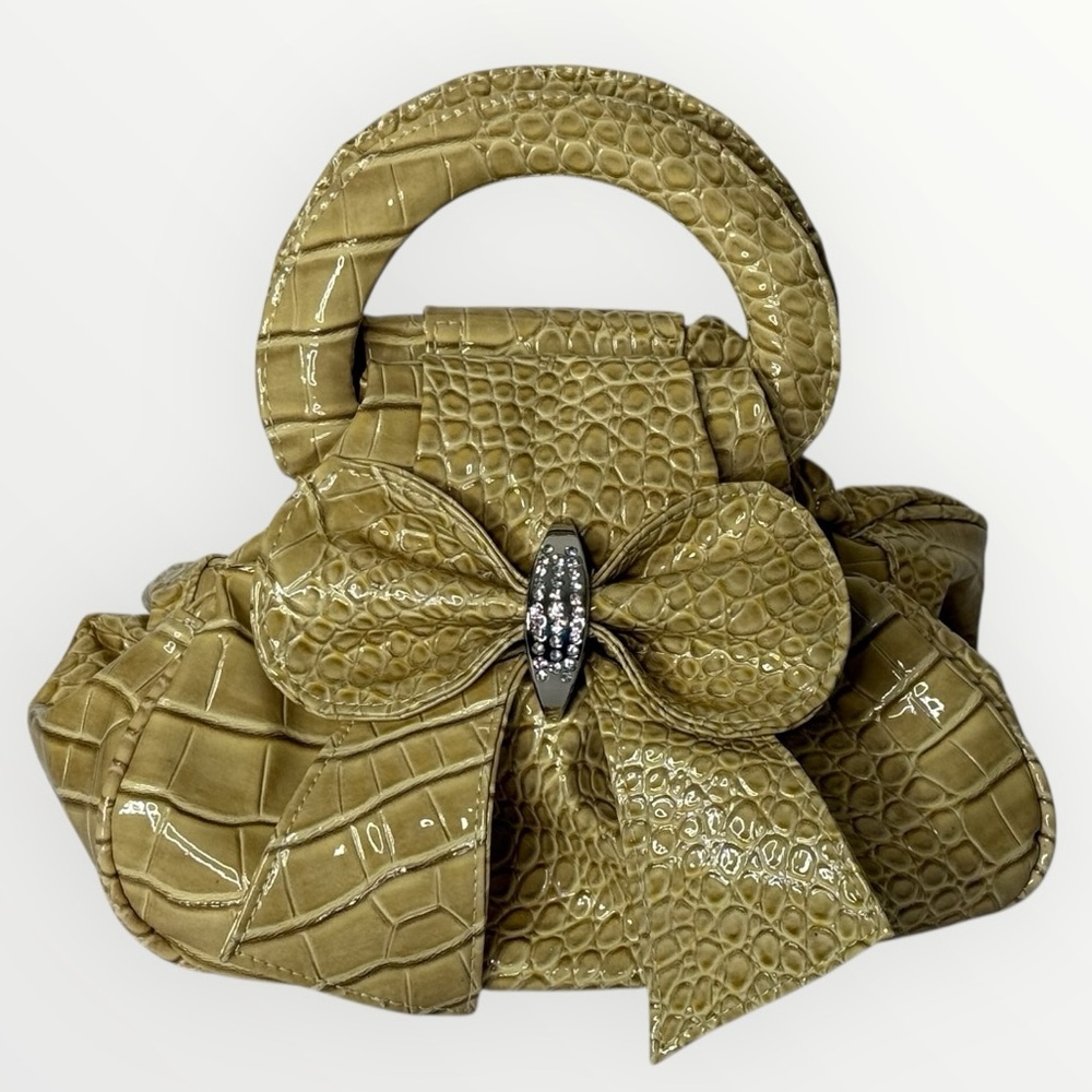Crocodile-Embossed Y2K Small‎ Beige Handbag With Bow Rhinestones Shoulder Chain